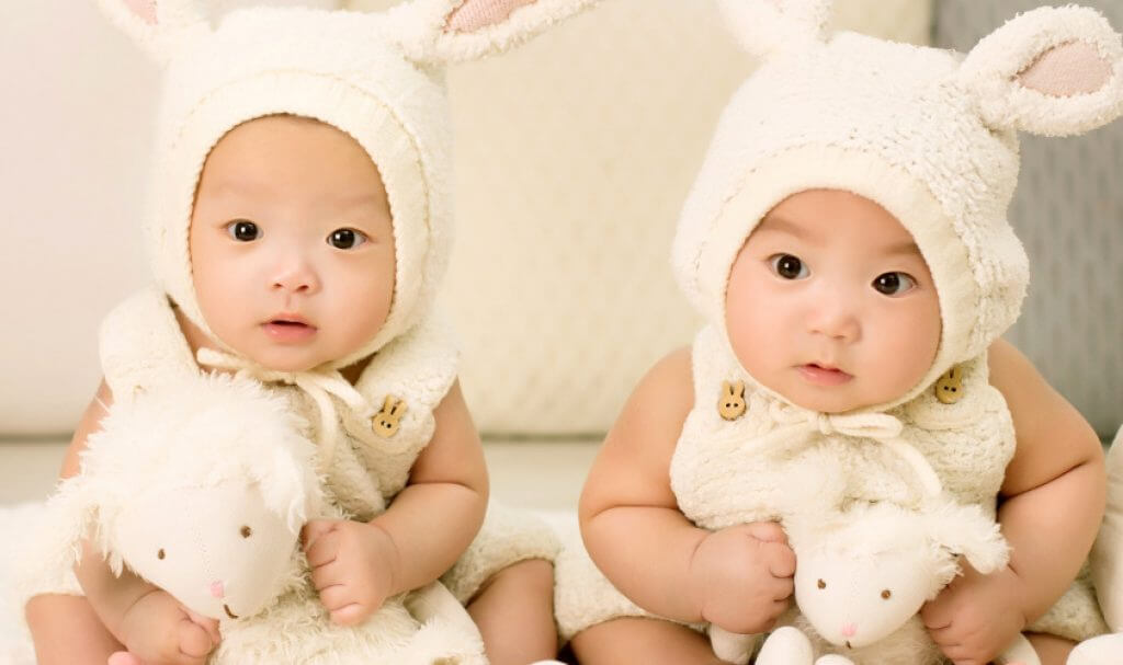 dos bebés con orejas de conejo y sosteniendo animales de peluche